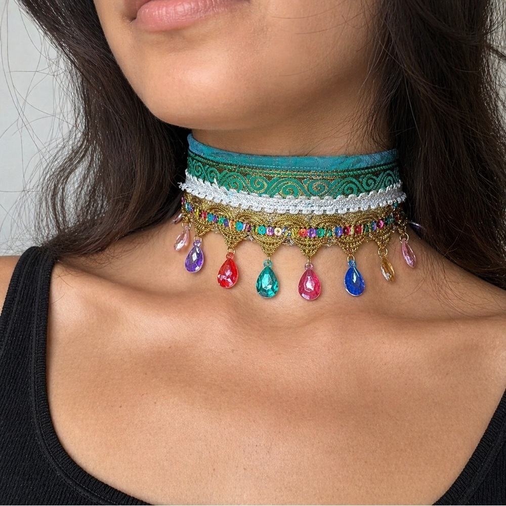 Artisan Teal Ribbon Choker w/Multicolor Teardrop Gems Moroccan Handmade Signed